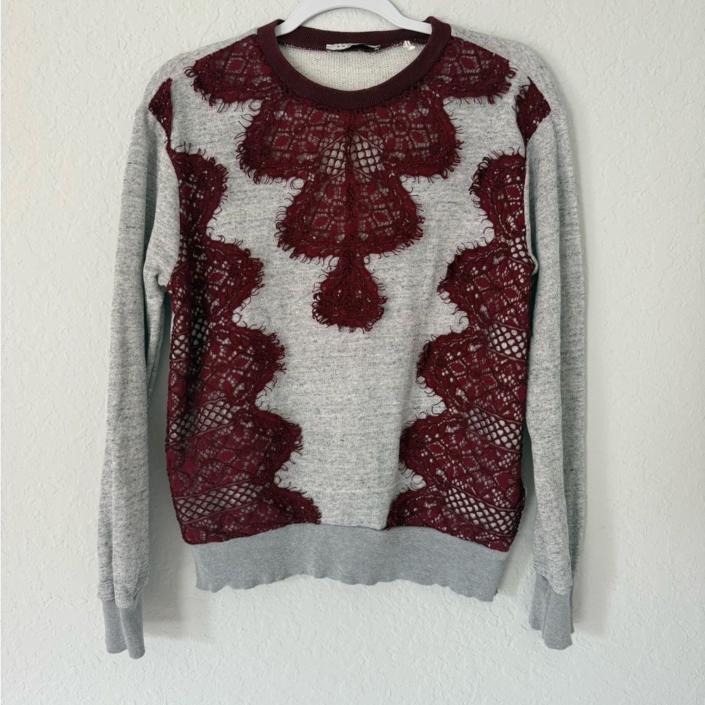 Sandro Paris Grey Red Tipsy Lace Overlay Crew Neck Sweatshirt Pullover Size 2